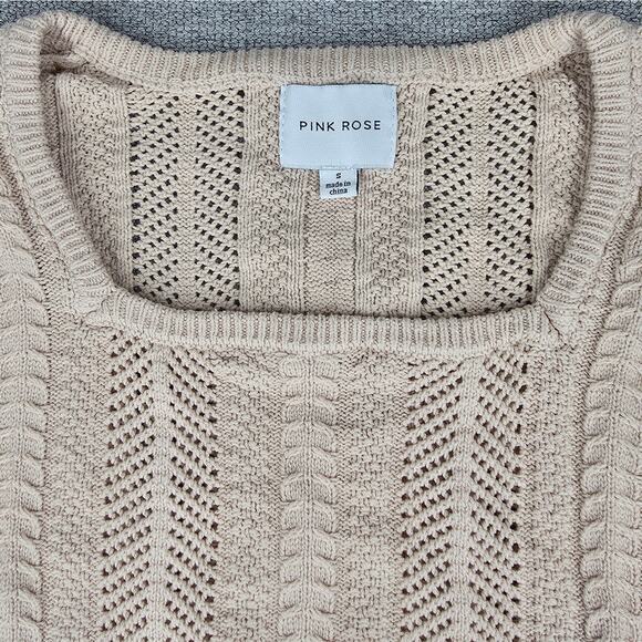 PINK ROSE WOMEN'S CROPPED KNIT SWEATER SIZE SMALL BEIGE TEXTURED CABLE OPENWORK - Picture 5 of 9